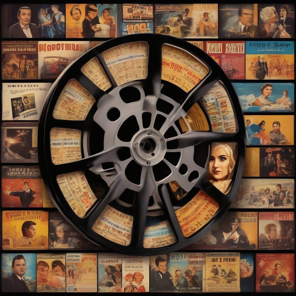 A collage of iconic movie scenes, featuring a vintage film reel unraveling with vibrant film strips displaying classic scenes from various film genres. Include a film critic deep in thought, surrounded by popcorn and vintage movie posters, with a soft golden light illuminating the scene. Add a textured dark background to enhance the cinematic feel. super-realistic. vibrant colors. cinematic atmosphere.