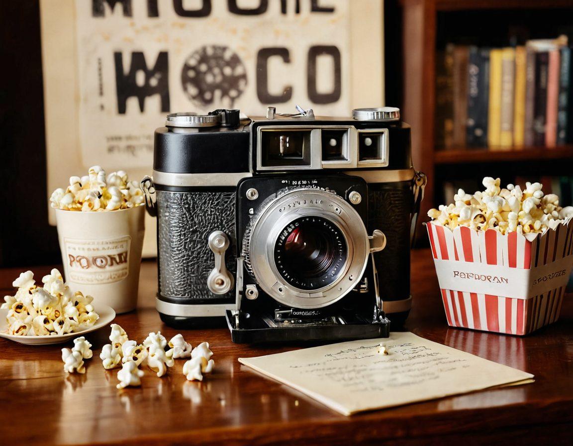 A vintage film camera sitting on a wooden table surrounded by scattered movie reels and popcorn, with a soft light illuminating a notepad filled with handwritten notes on film critiques. In the background, a large movie poster featuring iconic films and a cozy atmosphere with a bookshelf filled with DVDs. artistic, warm tones, cinematic, detailed.