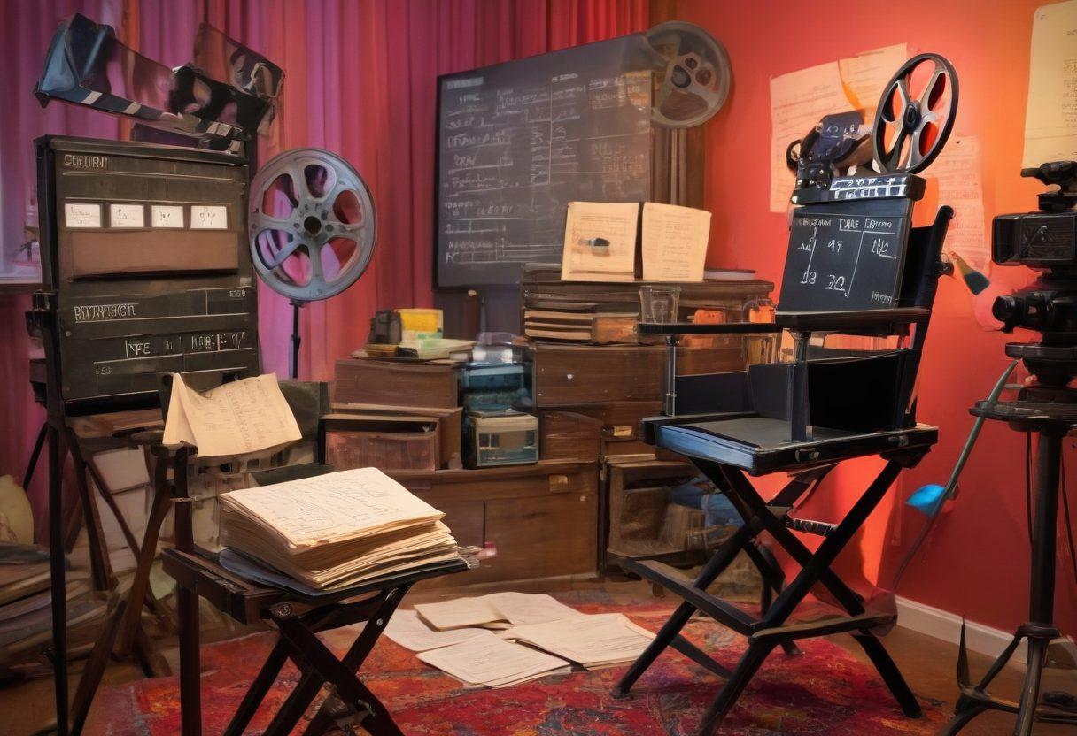 A director's chair facing a vibrant film set, cluttered with camera equipment, scripts, and colorfully lit backgrounds. An open script book displays hand-written notes, while a film reel and clapperboard rest beside it. In the background, the crew is seen passionately discussing scenes, creating a lively atmosphere of filmmaking. super-realistic. vibrant colors. cinematic style.